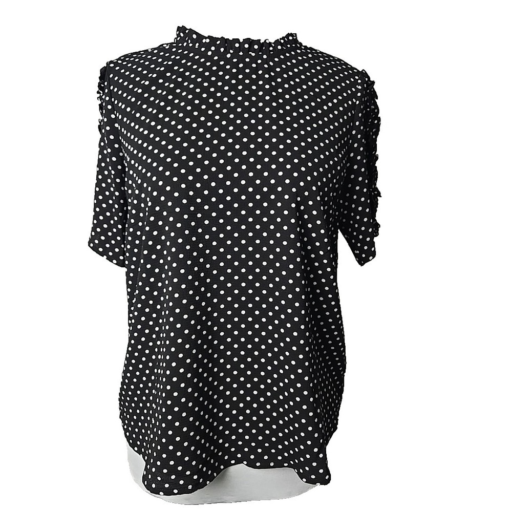Monteau Black Dot Print Short‎ Ruffle Sleeve Top Blouse Junior Large